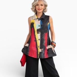 Damee NWT Abstract Art Print Sleeveless Button Front Tunic Top Women's Size L